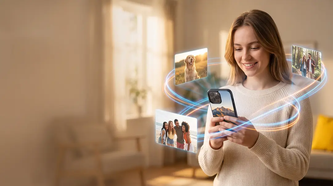 Sieviete ar personalizētu telefona vāciņu — foto no galerijas kļūst par dizainu